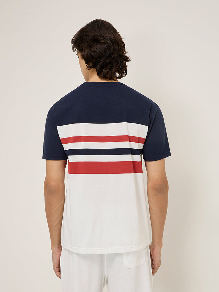 WES Lounge Navy Stripe Printed Relaxed-Fit Cotton-Blend T-Shirt