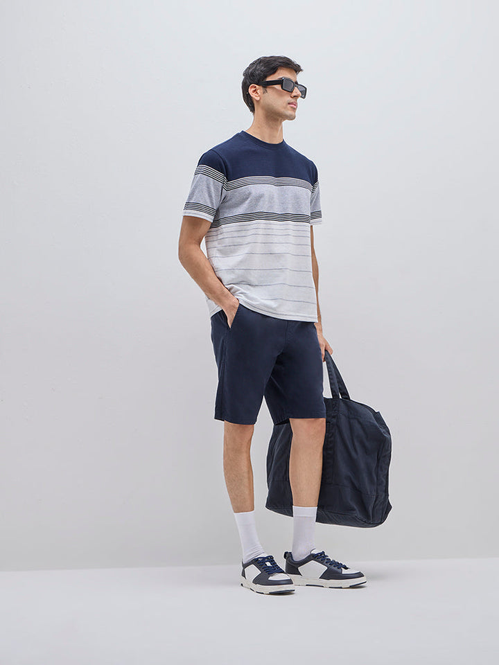 WES Lounge Navy Colour-Blocked Relaxed-Fit Cotton-Blend T-Shirt