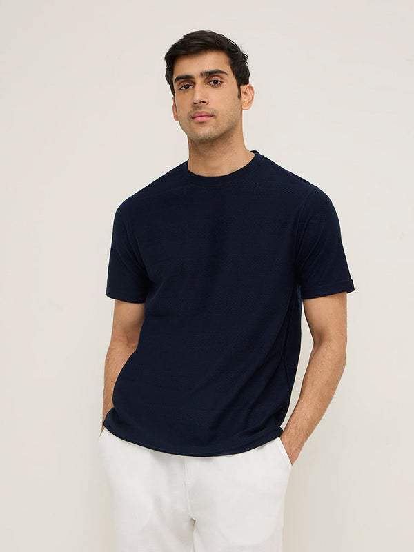 WES Lounge Navy Self-Patterned Relaxed-Fit Cotton-Blend T-Shirt