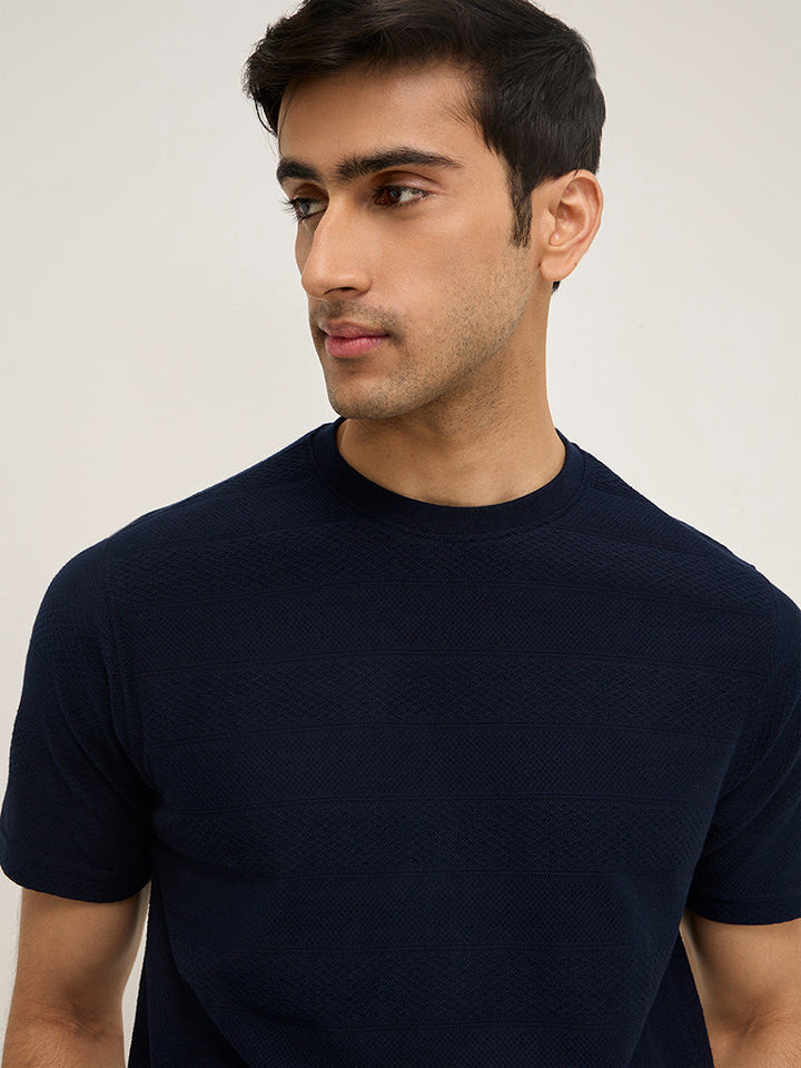 WES Lounge Navy Self-Patterned Relaxed-Fit Cotton-Blend T-Shirt