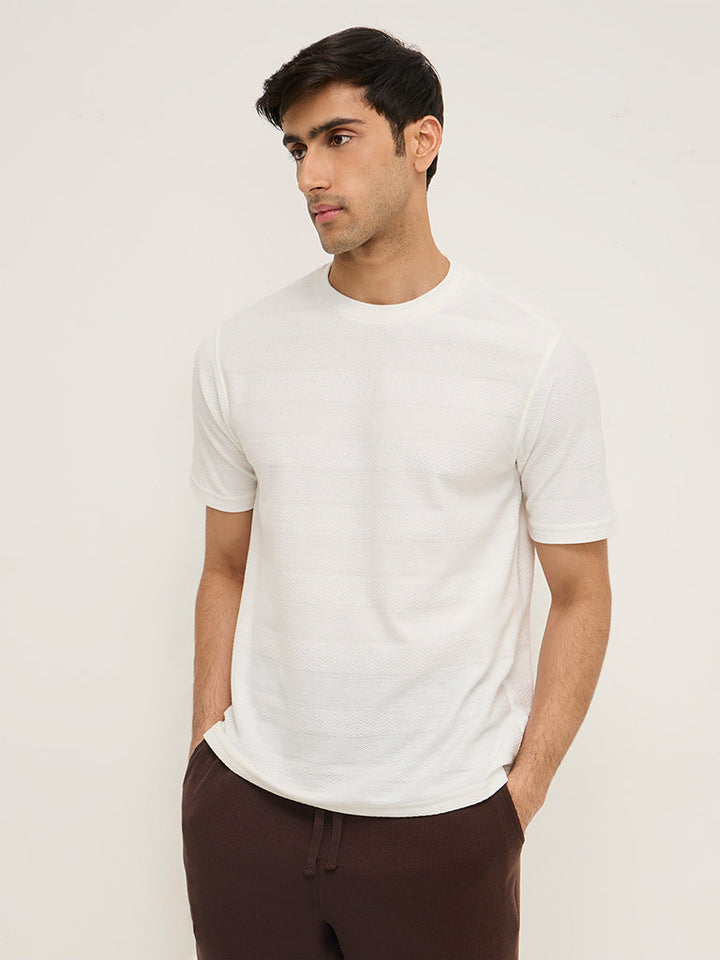 WES Lounge White Self-Patterned Relaxed-Fit Cotton T-Shirt