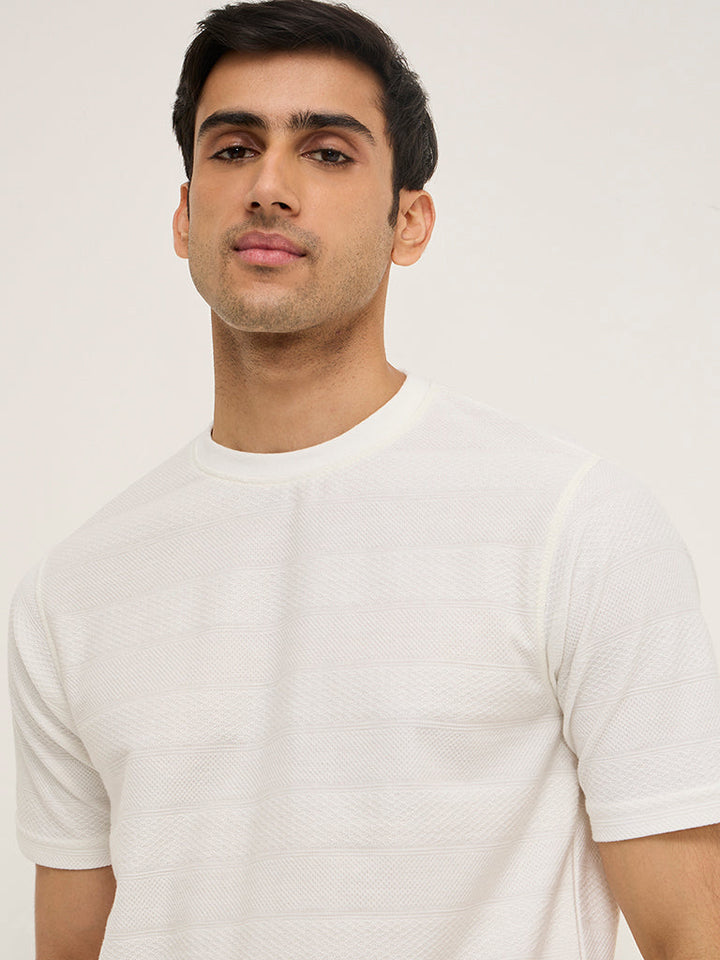 WES Lounge White Self-Patterned Relaxed-Fit Cotton T-Shirt
