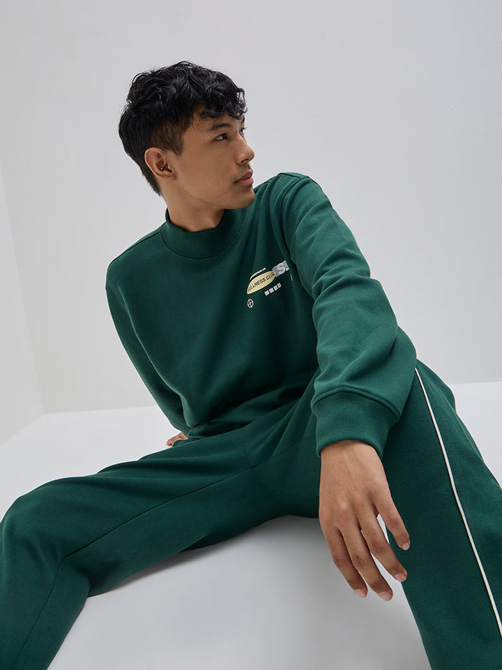 Studiofit Dark Green Printed Relaxed-Fit Cotton-Blend Sweatshirt