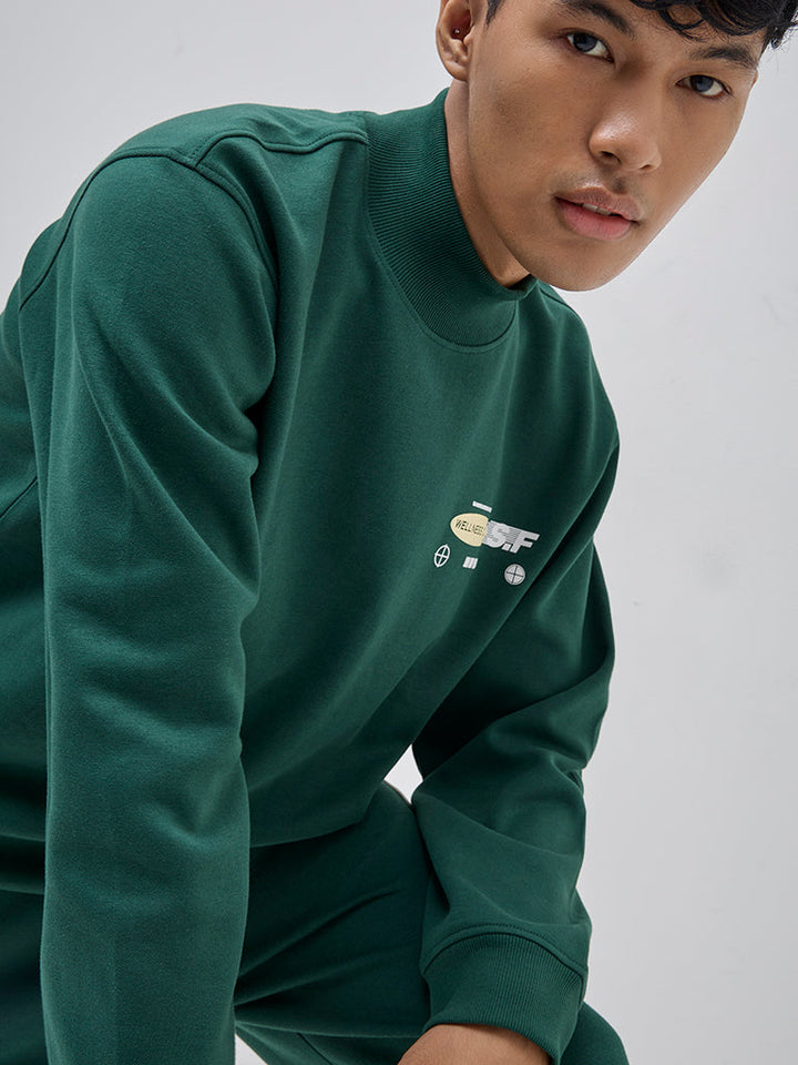 Studiofit Dark Green Printed Relaxed-Fit Cotton-Blend Sweatshirt