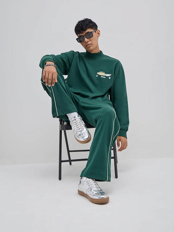 Studiofit Dark Green Printed Relaxed-Fit Cotton-Blend Sweatshirt