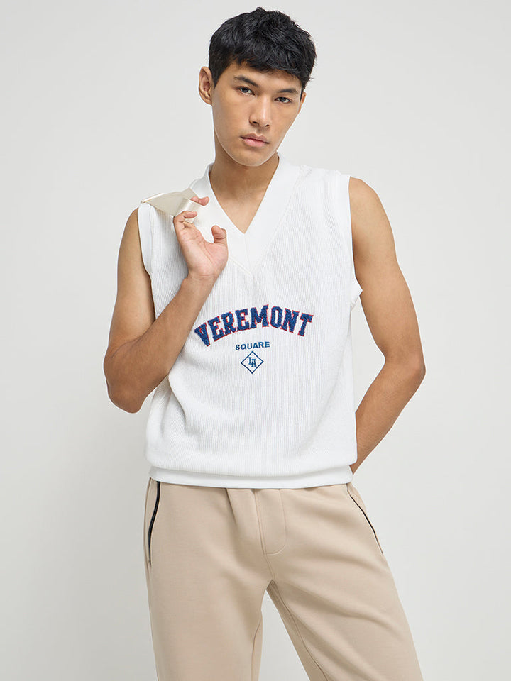 Studiofit White Text Embroidered Relaxed-Fit Cotton-Blend Vest