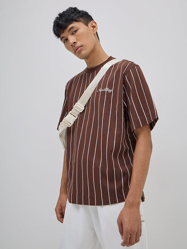 Studiofit Brown Striped Relaxed-Fit Cotton-Blend T-Shirt