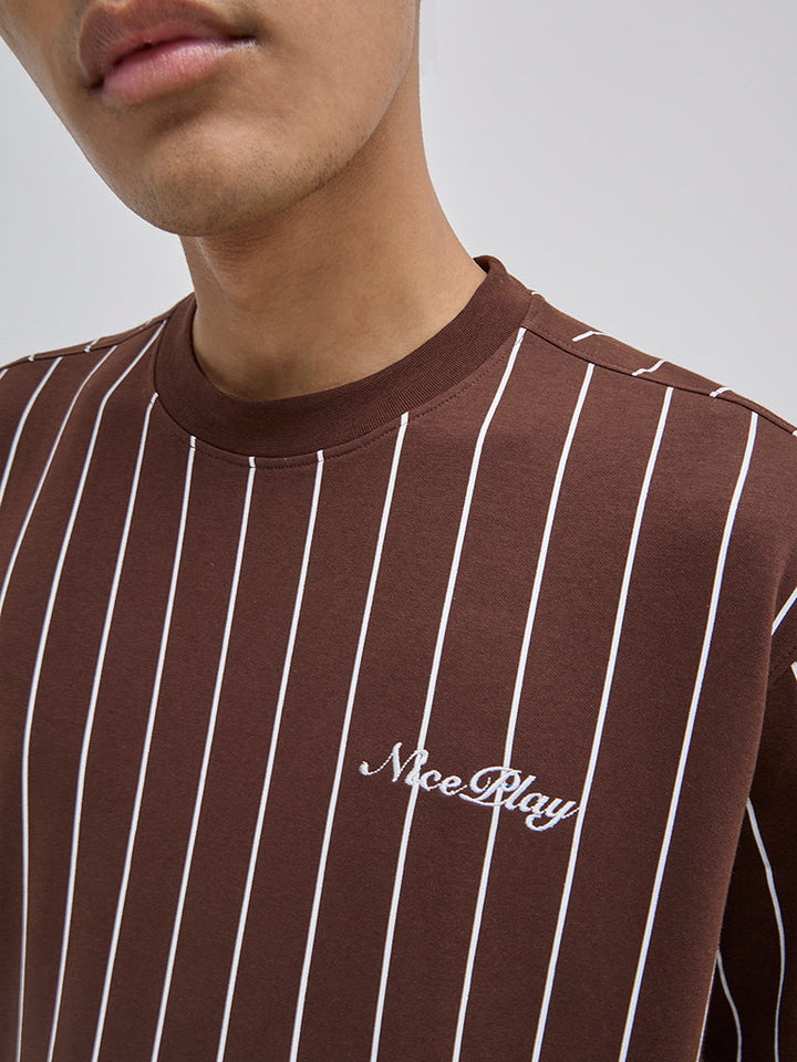 Studiofit Brown Striped Relaxed-Fit Cotton-Blend T-Shirt