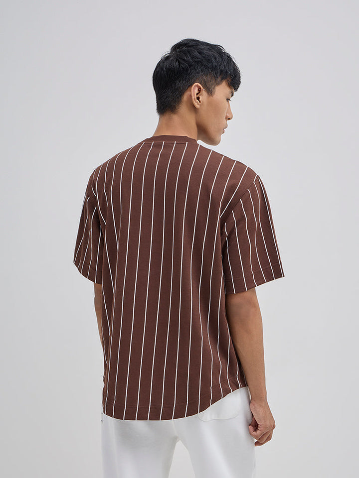 Studiofit Brown Striped Relaxed-Fit Cotton-Blend T-Shirt