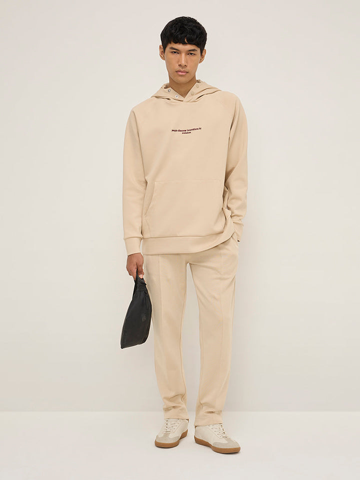 Studiofit Beige Text Embroidered Relaxed-Fit Hoodie