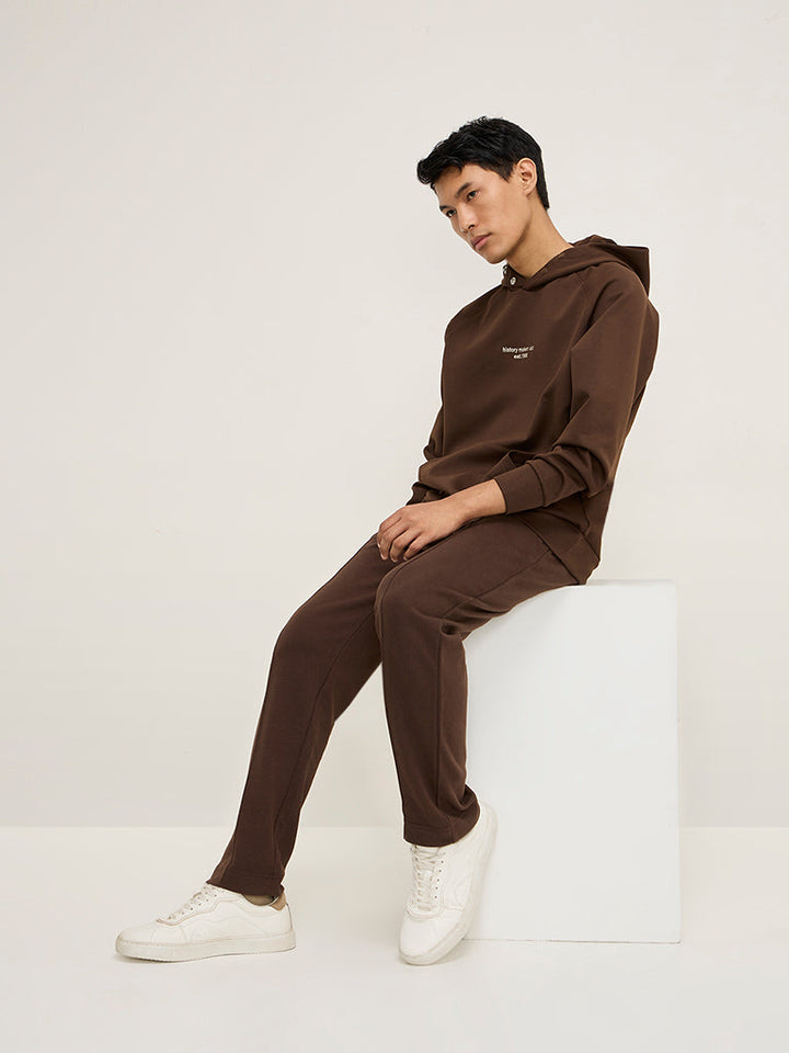 Studiofit Brown Text Design Relaxed-Fit Hoodie