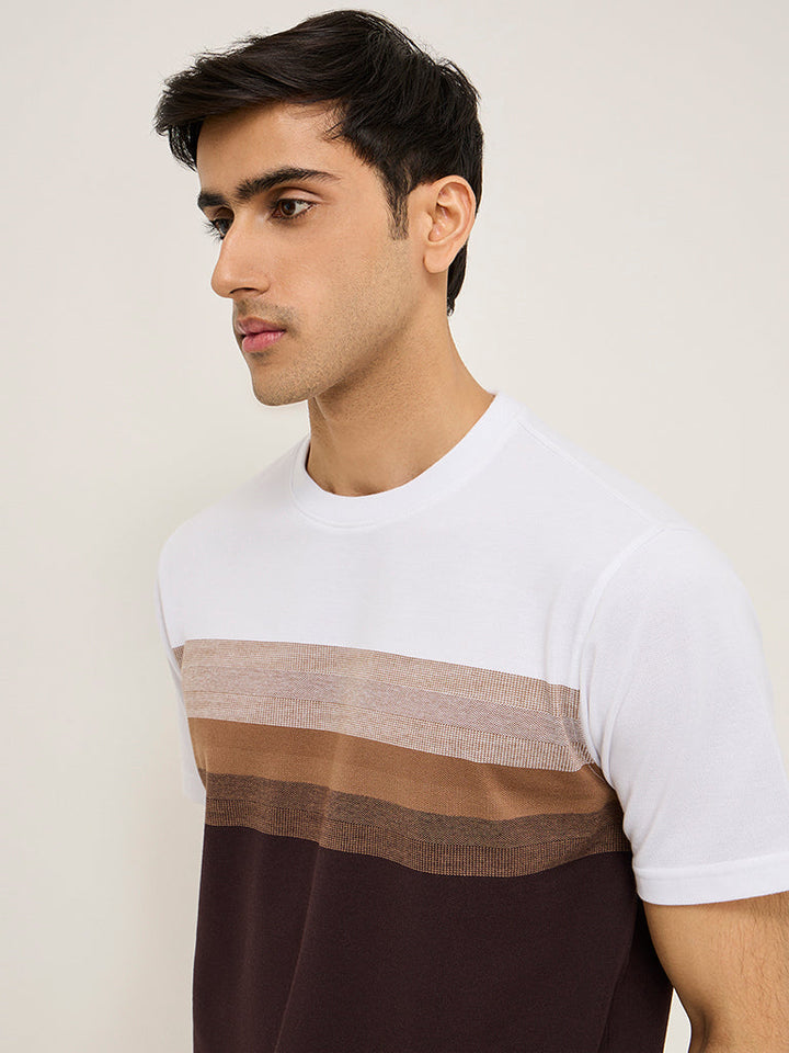 WES Lounge Brown Striped Relaxed-Fit Cotton-Blend T-Shirt