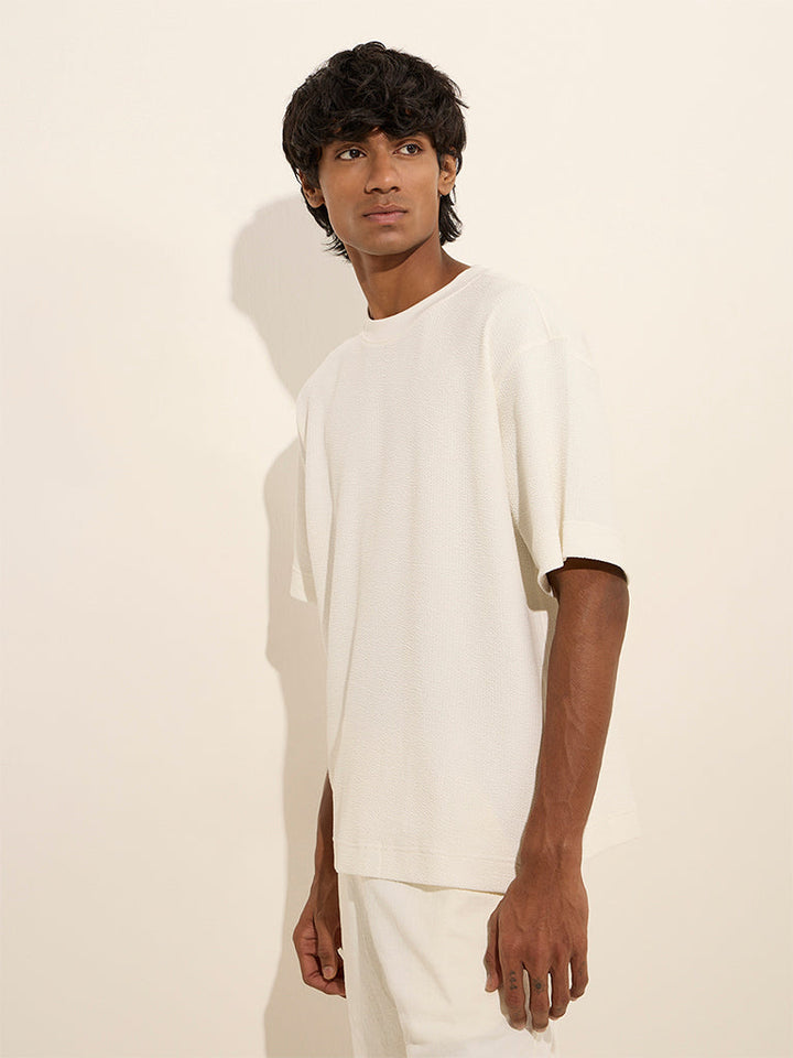 Studiofit Off-White Textured Relaxed-Fit Cotton-Blend T-Shirt