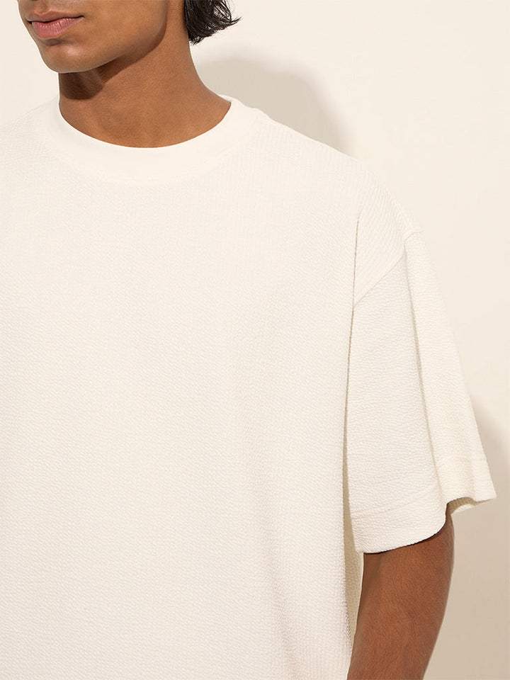 Studiofit Off-White Textured Relaxed-Fit Cotton-Blend T-Shirt