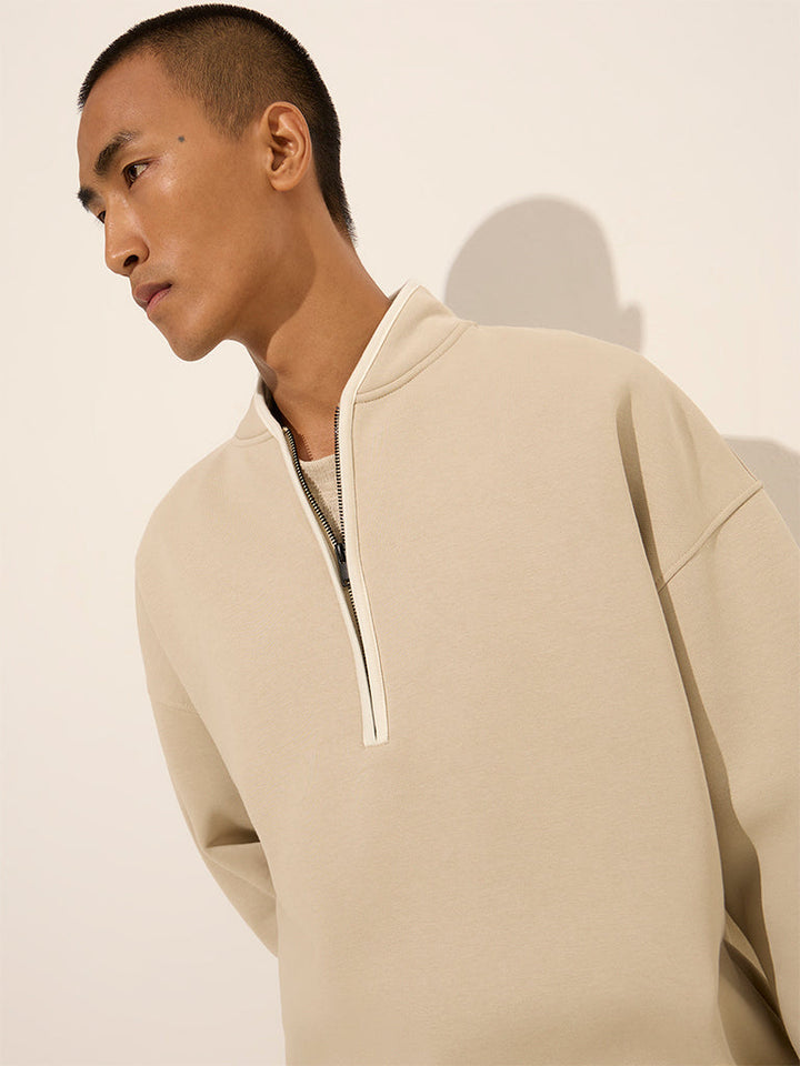 Studiofit Beige Solid Quarter Zip Cotton-Blend Sweatshirt