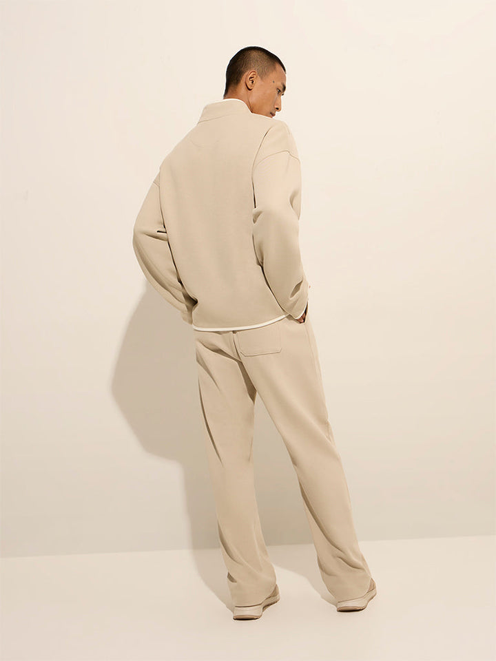 Studiofit Beige Solid Quarter Zip Cotton-Blend Sweatshirt