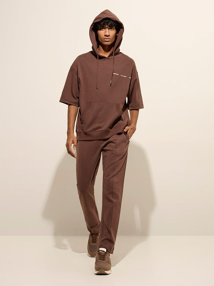 Studiofit Brown Relaxed-Fit Mid-Rise Cotton Track Pants