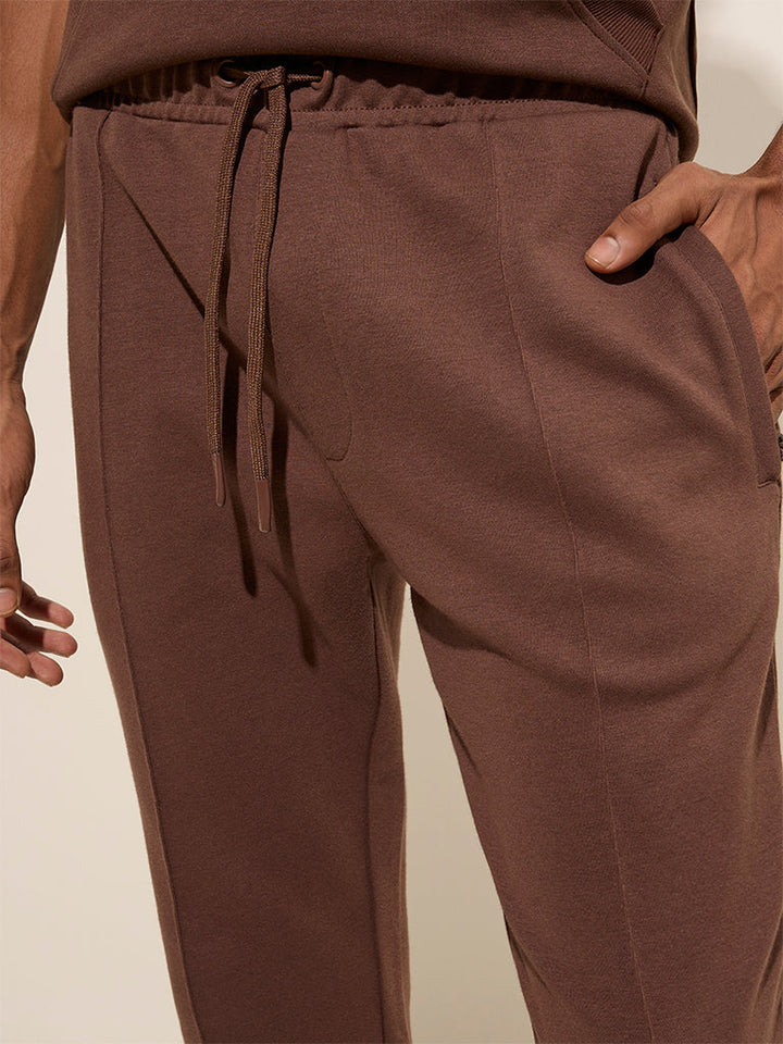 Studiofit Brown Relaxed-Fit Mid-Rise Cotton Track Pants