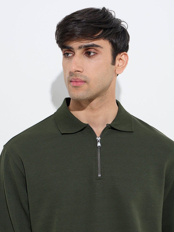 WES Casuals Olive Quarter Zip Cotton-Blend Sweatshirt