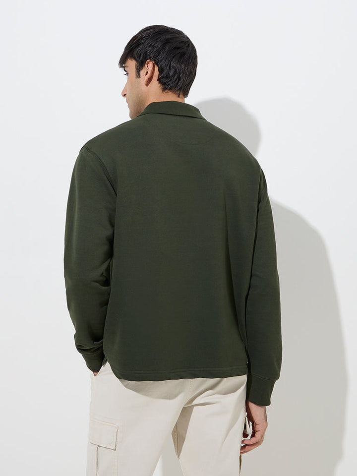 WES Casuals Olive Quarter Zip Cotton-Blend Sweatshirt