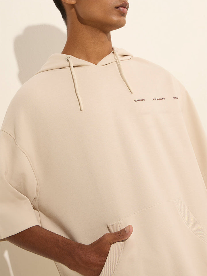 Studiofit Beige Text Design Relaxed-Fit Cotton-Blend Hoodie