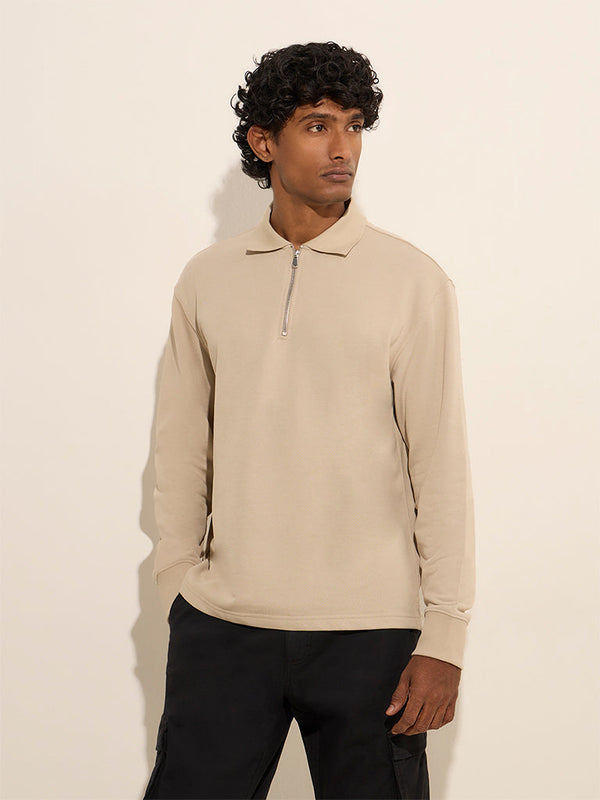 WES Casuals Beige Quarter Zip Cotton-Blend Sweatshirt