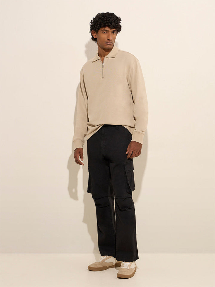 WES Casuals Beige Quarter Zip Cotton-Blend Sweatshirt