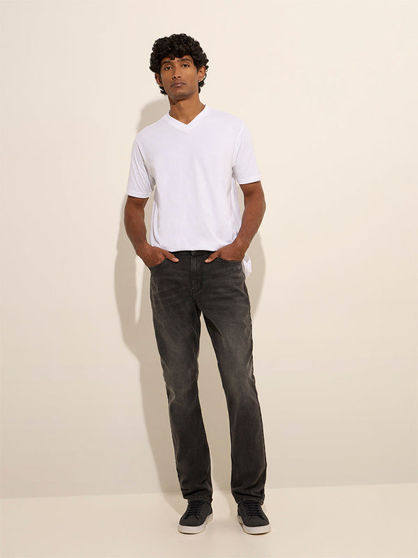 WES Casuals Dark Grey Wash Relaxed-Fit Mid Rise Jeans
