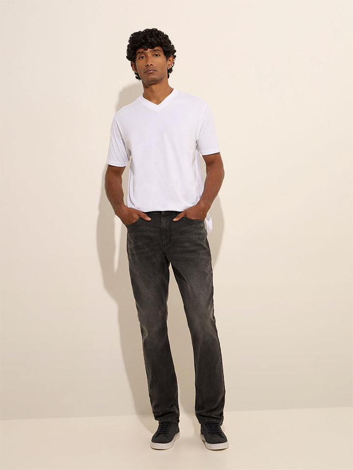 WES Casuals Dark Grey Wash Relaxed-Fit Mid Rise Jeans