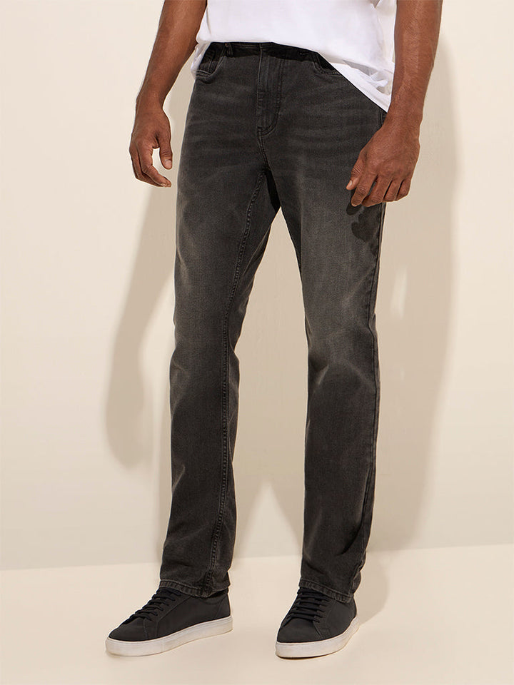 WES Casuals Dark Grey Wash Relaxed-Fit Mid Rise Jeans