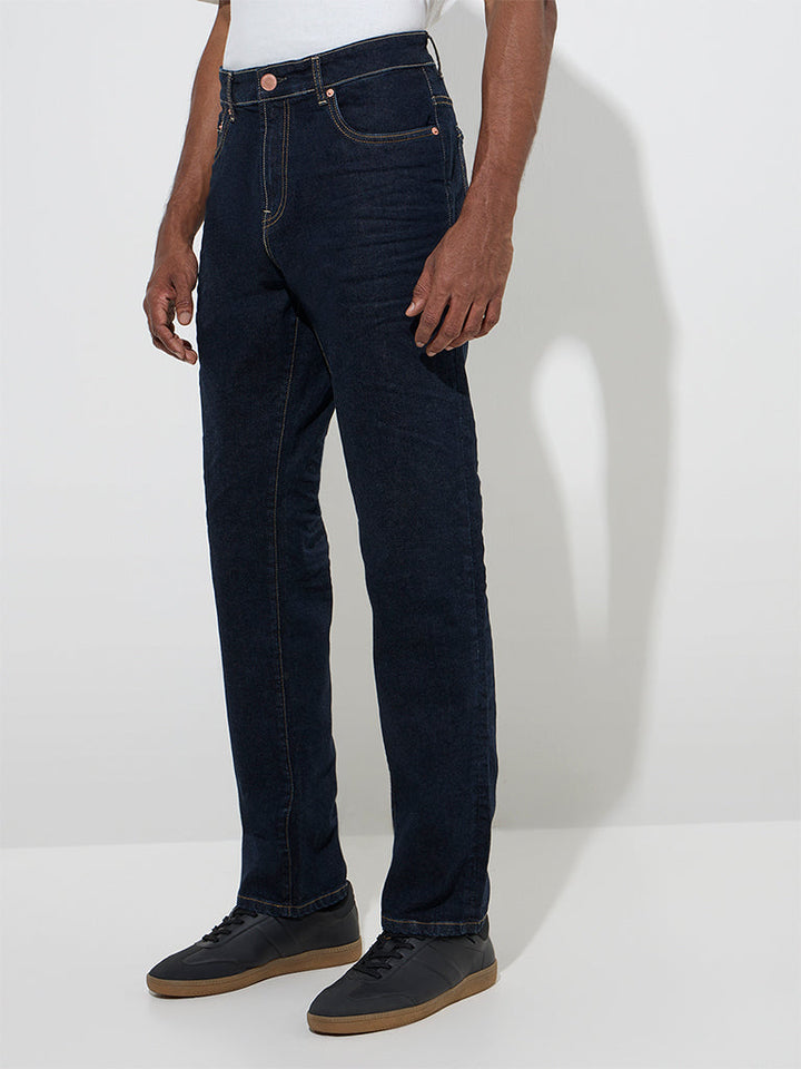 WES Casuals Dark Blue Relaxed-Fit Mid-Rise Denim Jeans
