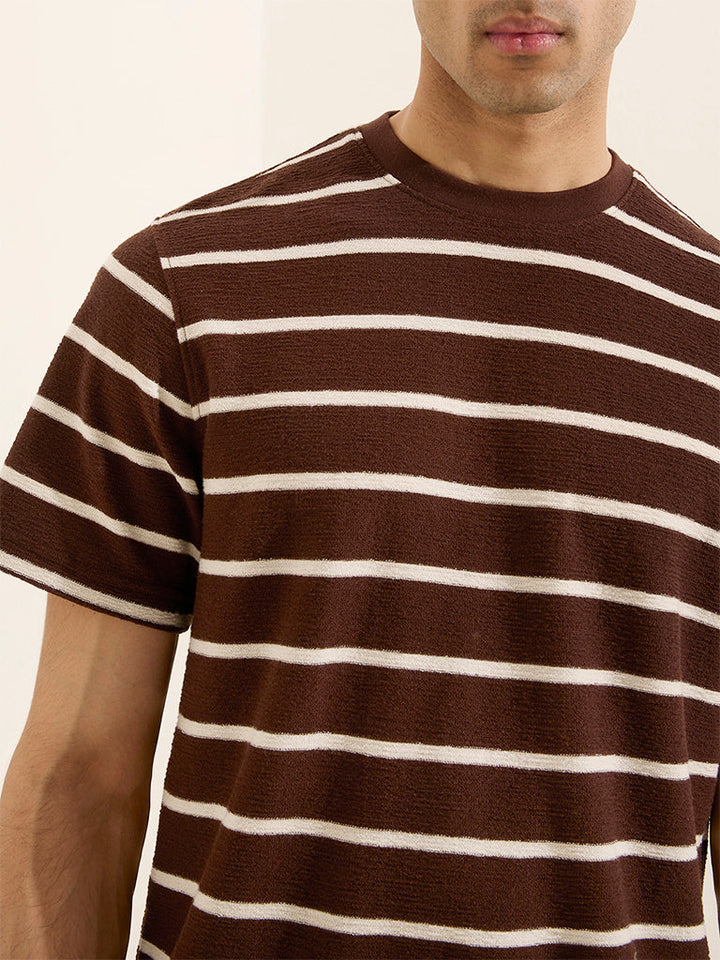 WES Casuals Brown Stripe Printed Relaxed-Fit Cotton T-Shirt