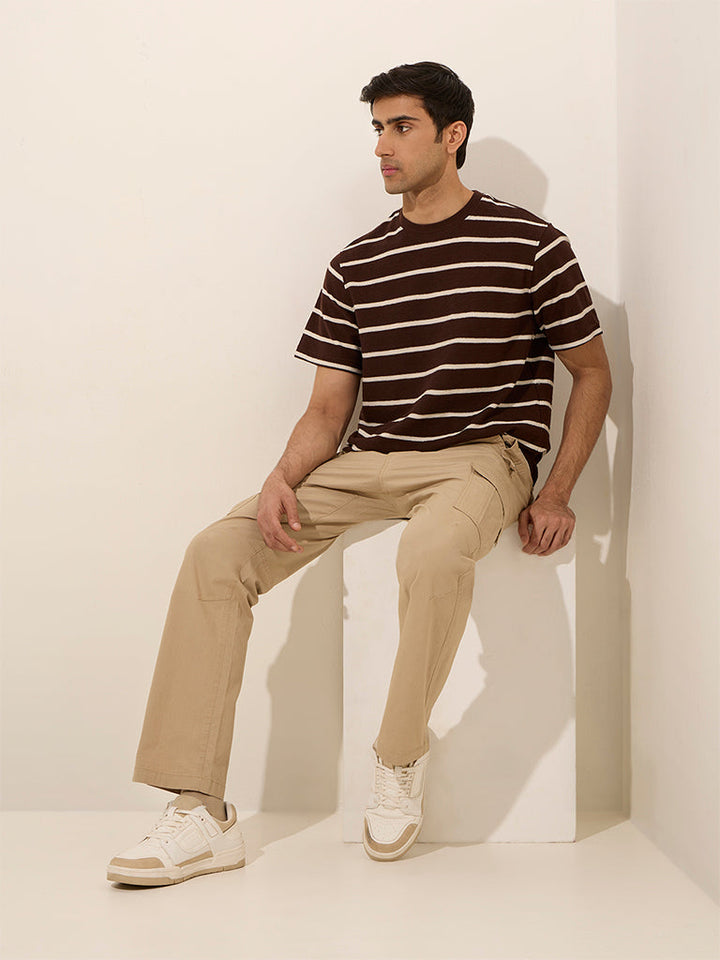 WES Casuals Brown Stripe Printed Relaxed-Fit Cotton T-Shirt