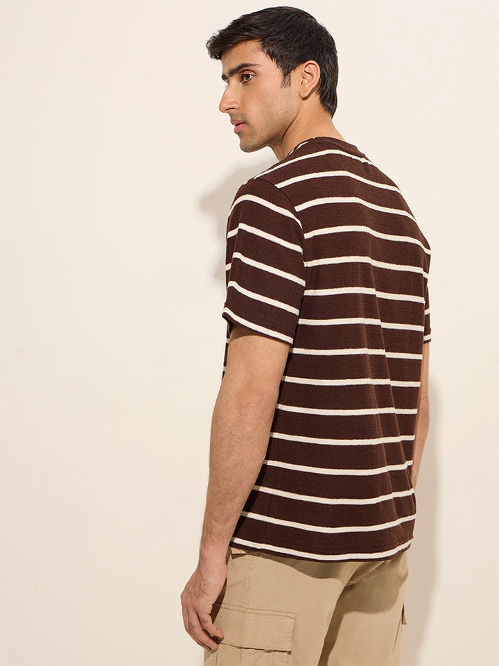 WES Casuals Brown Stripe Printed Relaxed-Fit Cotton T-Shirt