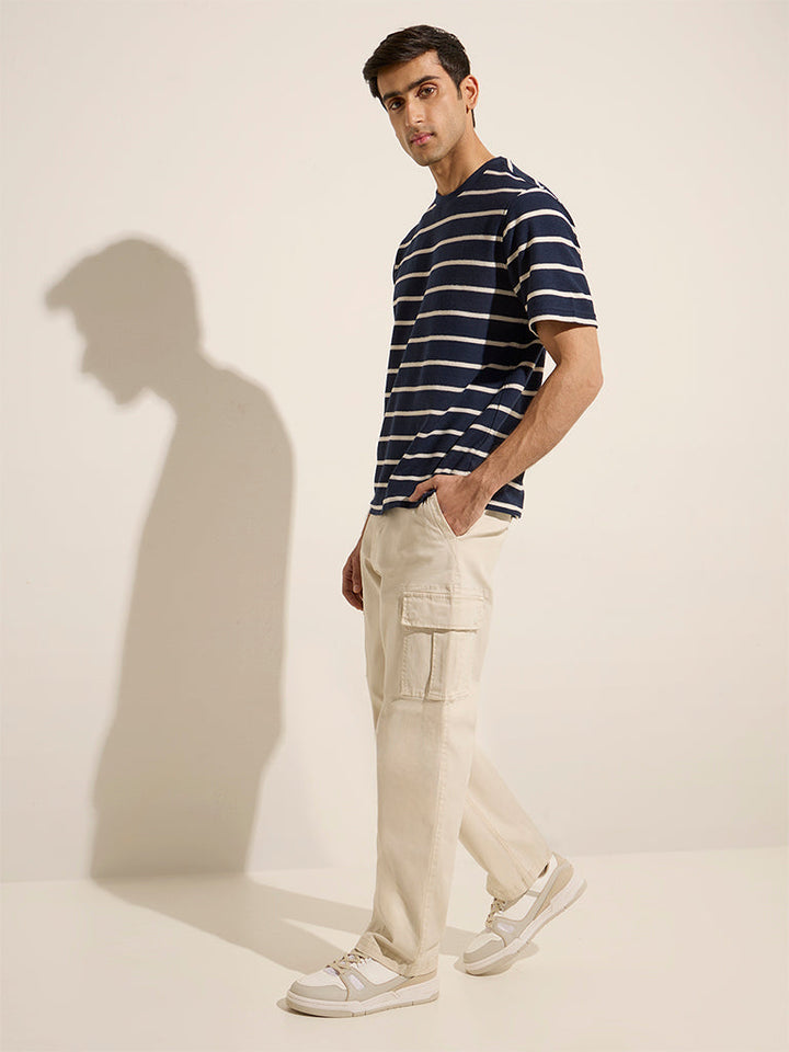 WES Casuals Navy Striped Design Relaxed-Fit Cotton T-Shirt