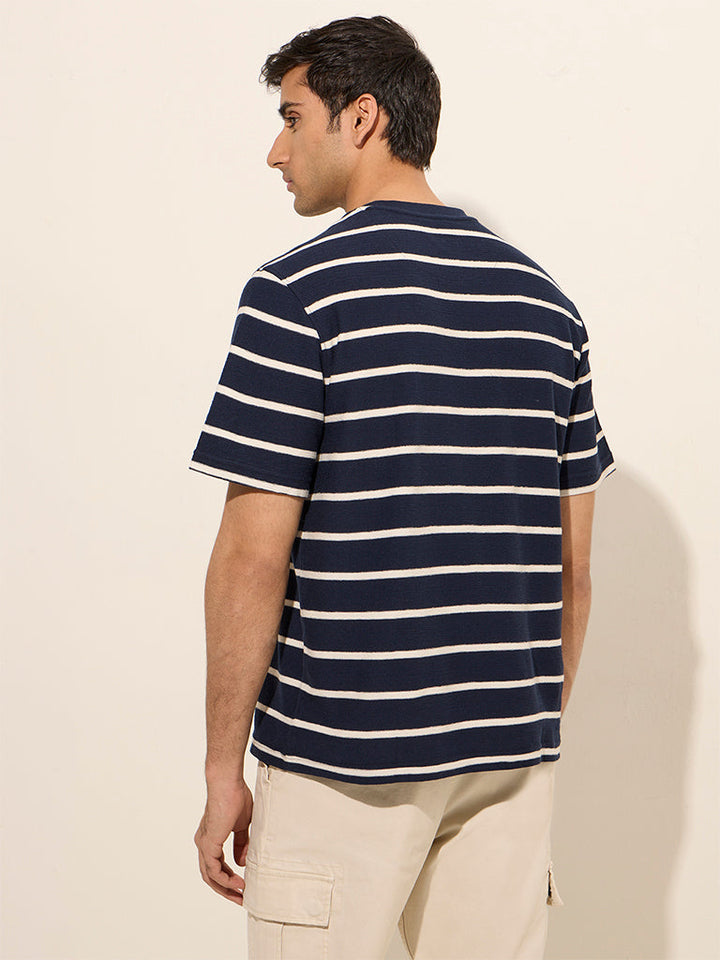 WES Casuals Navy Striped Design Relaxed-Fit Cotton T-Shirt