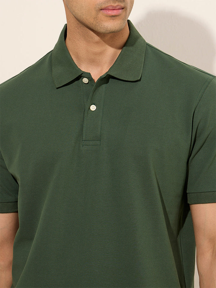 WES Casuals Dark Green Relaxed-Fit Cotton-Blend Polo T-Shirt