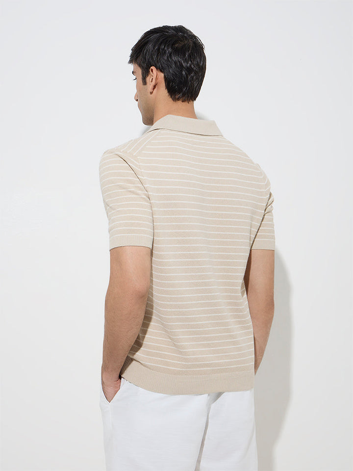 Ascot Beige Striped Relaxed-Fit Cotton-Blend Polo T-Shirt