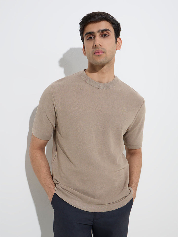 WES Formals Beige Knit-Textured Slim-Fit T-Shirt