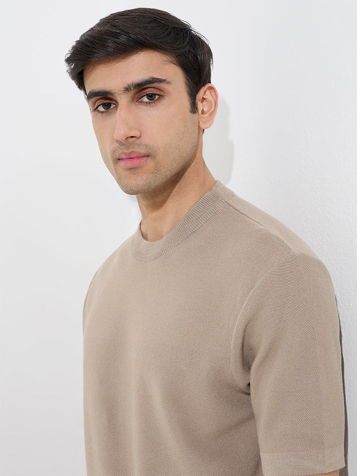 WES Formals Beige Knit-Textured Slim-Fit T-Shirt