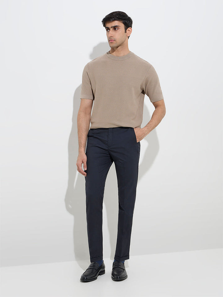 WES Formals Beige Knit-Textured Slim-Fit T-Shirt
