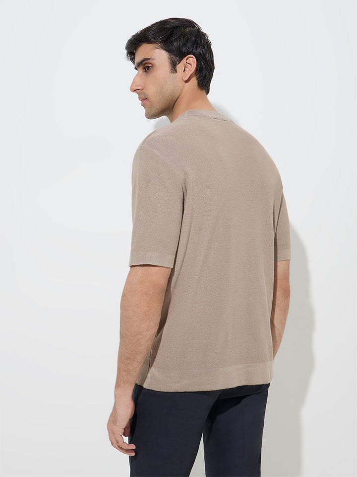 WES Formals Beige Knit-Textured Slim-Fit T-Shirt