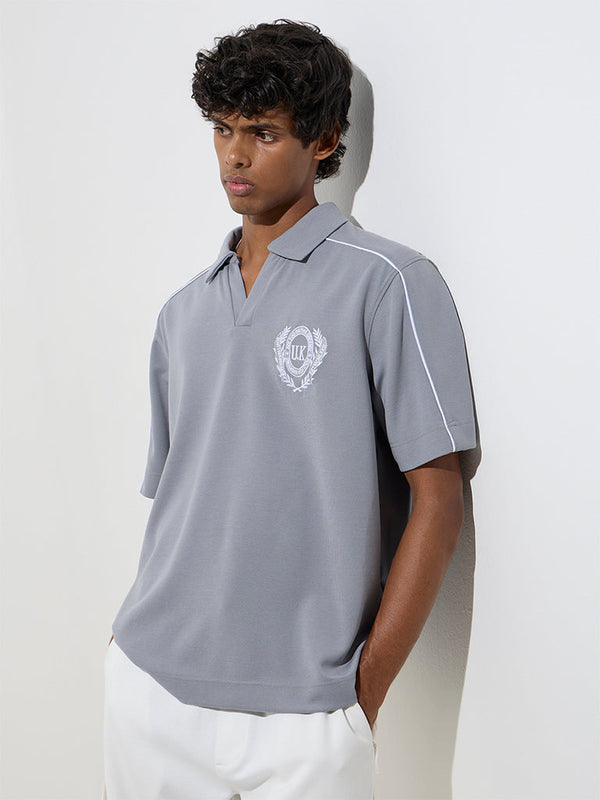 Studiofit Grey Logo Design Relaxed-Fit Polo T-Shirt