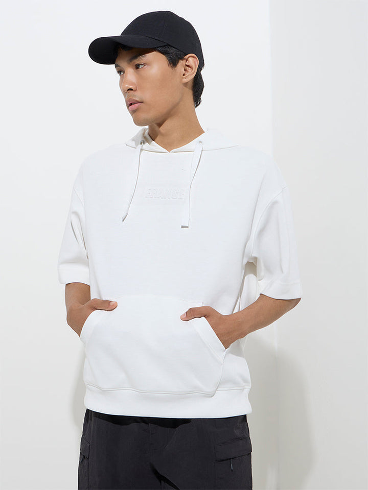 Studiofit White Embossed Relaxed-Fit Cotton-Blend Hoodie