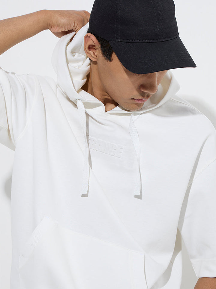 Studiofit White Embossed Relaxed-Fit Cotton-Blend Hoodie