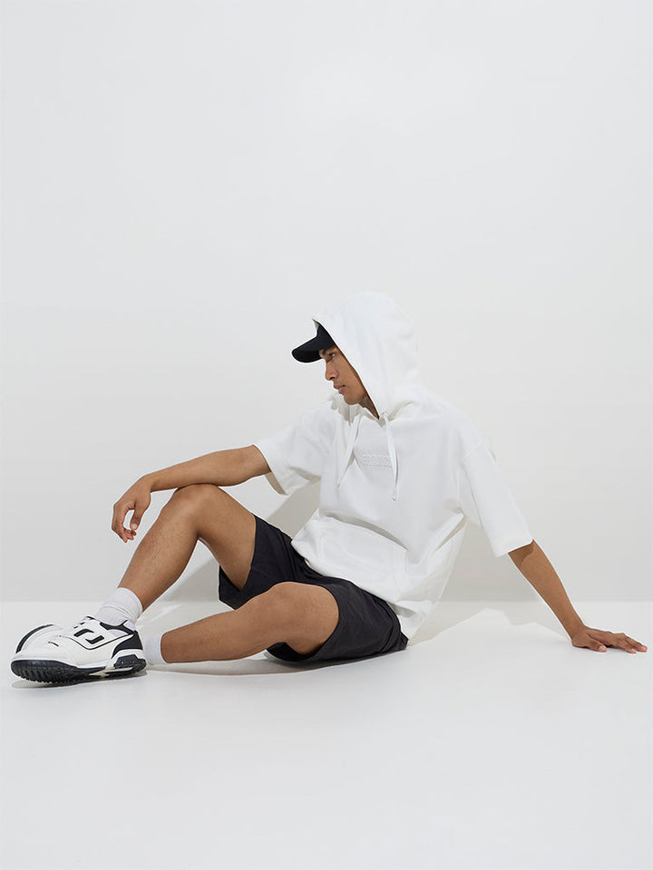 Studiofit White Embossed Relaxed-Fit Cotton-Blend Hoodie