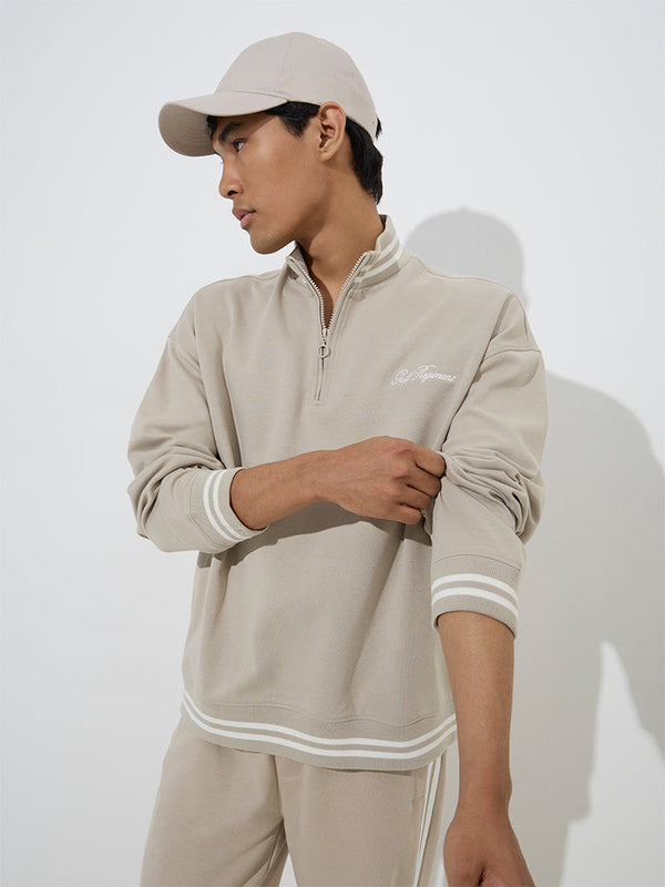 Studiofit Beige Printed Quarter Zip Cotton-Blend Sweatshirt