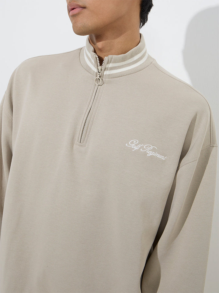 Studiofit Beige Printed Quarter Zip Cotton-Blend Sweatshirt