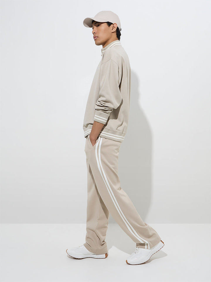 Studiofit Beige Printed Quarter Zip Cotton-Blend Sweatshirt