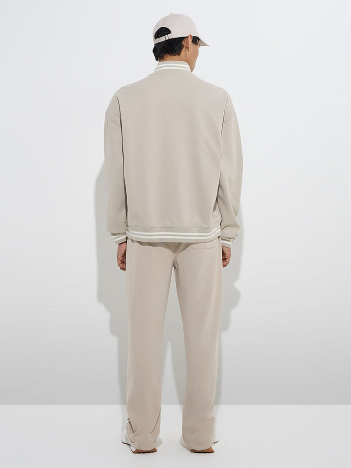 Studiofit Beige Printed Quarter Zip Cotton-Blend Sweatshirt